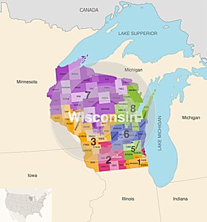Wisconsin state counties colored by congressional districts vector map with neighbouring states and terrotories