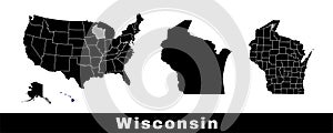 Wisconsin state map, USA. Set of Wisconsin maps with outline border, counties and US states map. Black and white color