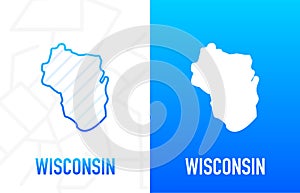 Wisconsin - U.S. state. Contour line in white and blue color on two face background. Map of The United States of America