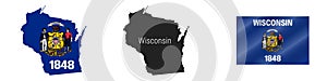 Wisconsin US state detailed flag map. Detailed silhouette. Waving flag. Vector illustration