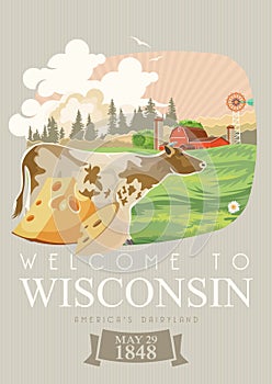 Wisconsin vector illustration. American dairy country. Travel postcard.