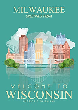 Wisconsin vector illustration with city Milwaukee. Americas dairy country. Travel postcard.