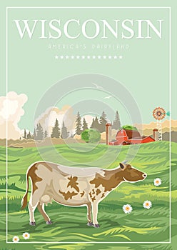 Wisconsin vector illustration with farm. Americas dairy country. Travel postcard.