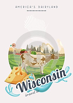 Wisconsin vector illustration in retro style. Americas dairy country. Travel postcard.
