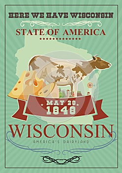 Wisconsin vector illustration in vintage style. Americas dairy country. Travel postcard.