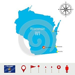 Wisconsin Vector Map Isolated on White Background. Detailed Silhouette of Wisconsin State. Official Flag of Wisconsin