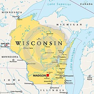 Wisconsin, WI, political map, US state, with the nickname Badger State