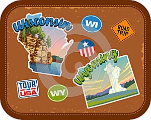 Wisconsin, Wyoming travel stickers with scenic attractions