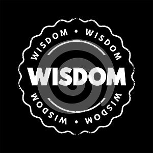 Wisdom - ability to contemplate and act using knowledge, experience, understanding, common sense and insight, text concept stamp