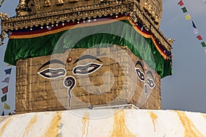 Wisdom eyes of Buddha at Swayambhunath, Kathmandu, Nepal, which is one of the World Heritage Site declared by UNESCO