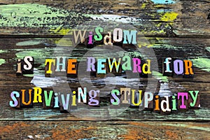 Wisdom reward survive stupidity stupid wise learn letterpress phrase