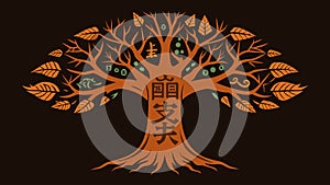 The wisdom trees trunk was etched with ancient glyphs speaking volumes of wise words.. Vector illustration. photo
