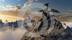 a wise and ancient dragon perched a top a mountain photo