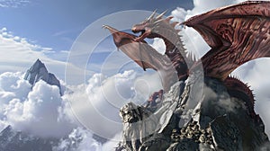 a wise and ancient dragon perched a top a mountain photo