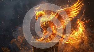 A wise and ancient phoenix its fiery feathers pulsing with energy perched atop a pedestal where an ancient scroll photo
