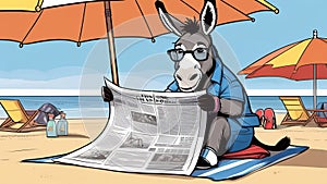 A wise ass is sitting on the beach under an umbrella and reading a newspaper