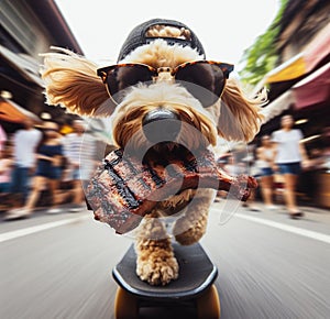 wise beige terrier thieve wear cap sunglass escape on skateboard street market stolen grilled steak