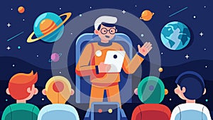 A wise and experienced astronaut giving a lecture to a room full of younger space explorers sharing anecdotes from their photo