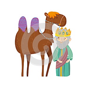 Wise king and camel manger nativity, merry christmas