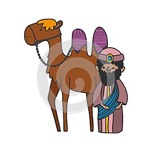 Wise king and camel manger nativity, merry christmas