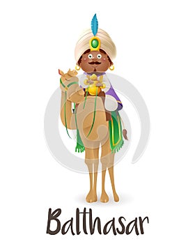 Wise man Balthasar on camel celebrate Epiphany - vector illustration isolated on transparent background