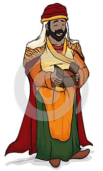 Wise Man Balthazar Holding Myrrh for Baby Jesus in Epiphany, Vector Illustration photo