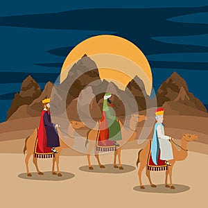 Wise men traveling in the desert christmas scene