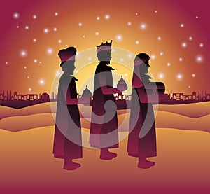 Wise men traveling in the desert christmas scene