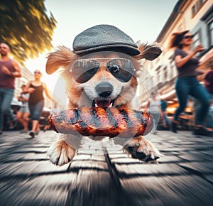 wise mixed breed dog thieve wear cap sunglass escape running street market stolen meat steak