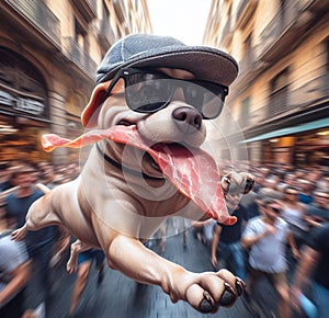 wise mixed breed dog thieve wear cap sunglass escape skateboard street market stolen meat steak