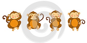 Wise monkeys. Cute ape with hands covering mouth, eyes and ears. Blind, deaf and mute monkey. See, hear and speak no