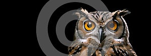 A wise old owl portrait in a dark studio. AI Generated.