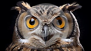 A wise old owl portrait in a dark studio. AI Generated.