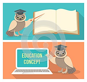 Wise Owl with Book and Laptop