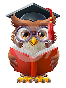 Wise Owl Cartoon Cute Professor Reading Book