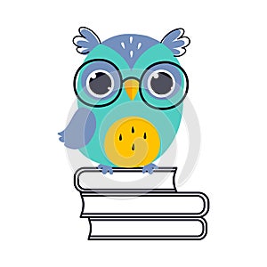 Wise Owl in Glasses, Cute Bird Cartoon Character Sitting on Pile of Books Vector Illustration