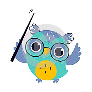 Wise Owl in Glasses Holding Pointer, Cute Bird Teacher Cartoon Character at Lesson Vector Illustration