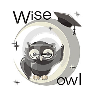 Wise owl in glasses, with a master`s cap and a young month.