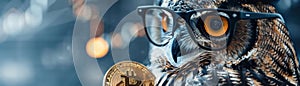 A wise owl with glasses perusing Bitcoin data symbolizing knowledge in cryptocurrency investments