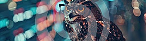 A wise owl with glasses perusing Bitcoin data symbolizing knowledge in cryptocurrency investments