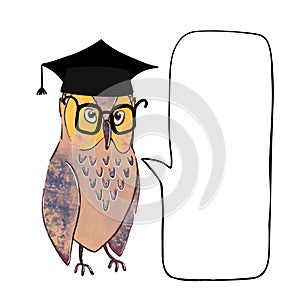 Wise owl in graduate cap and speach buble