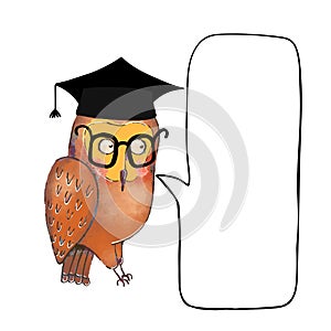 Wise owl in graduate cap and speach buble