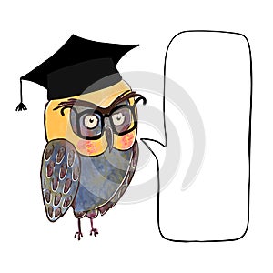 Wise owl in graduate cap and speach buble