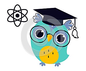 Wise Owl in Graduation Cap, Cute Bird Teacher Cartoon Character Teaching Physics at School Vector Illustration