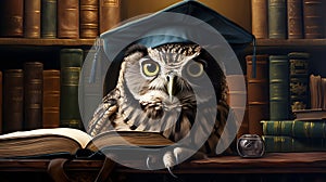 Wise Owl with Graduation Cap and Glasses Perched by Stacked Books. Generative Ai