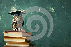 Wise Owl in Graduation Cap Perched on Books, Education Concept