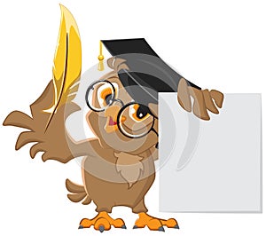 Wise owl holding a golden pen and a sheet of paper