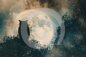 A wise owl merged with the silhouette of a full moon against a starry night sky in a double exposure