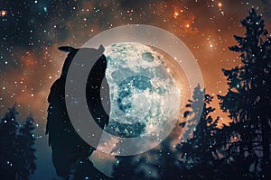 A wise owl merged with the silhouette of a full moon against a starry night sky in a double exposure