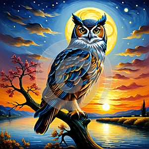 A wise owl perched on a branch againts the moonlight, by waterside of a beautiful lake, blue sky, clouds, reflection, painting